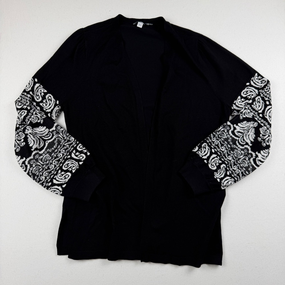 Chico's Black White Paisley Sleeve Open Front Cardigan Sweater Size 1 Medium